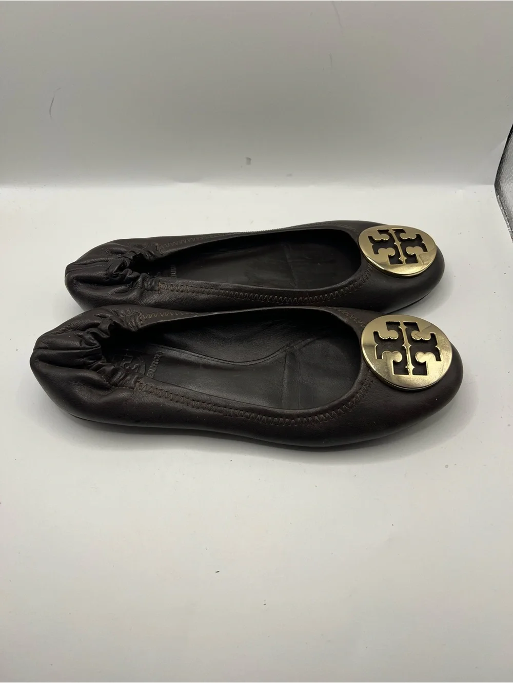 Tory Burch Dark Brown Leather Logo Ballet Flats with Gold Emblem